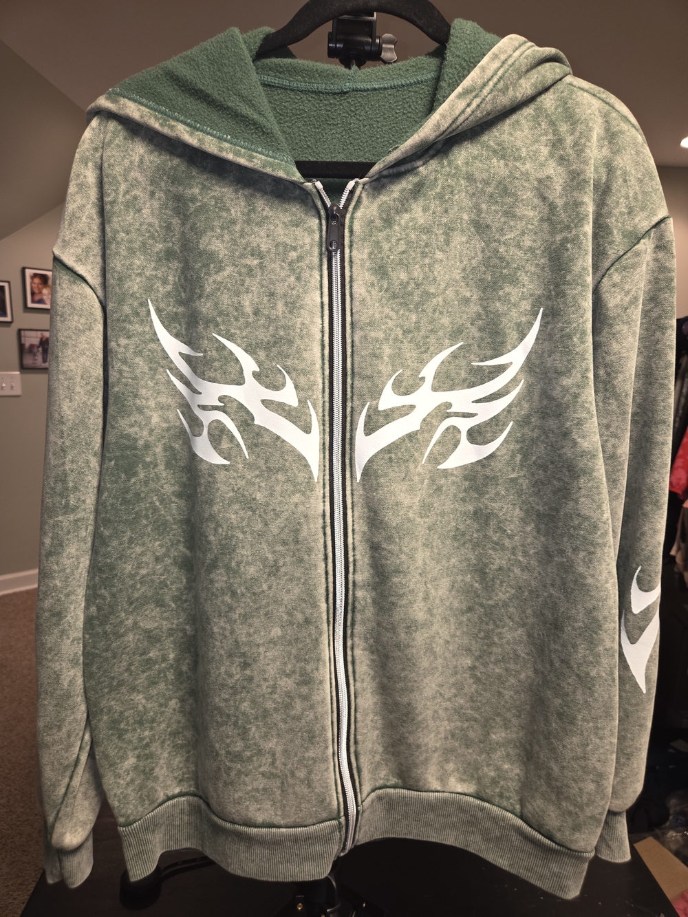 Men's Green Hooded Zip Jacket with White Tribal Print